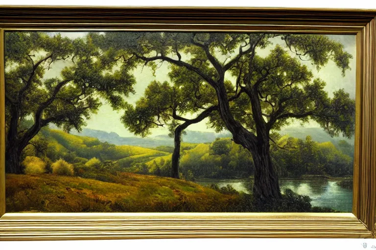 Image similar to masterpiece painting of oak trees on a hillside overlooking a creek, dramatic lighting, by edwin holgate