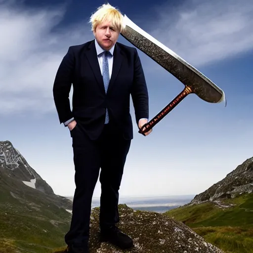 Image similar to Boris Johnson holding a sword standing on top of a mountain