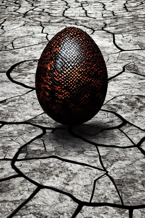 Image similar to a scaly dragon egg made from opalescent coal and molten lava, on a carved stone floor against a forest background photorealistic, dlsr, octane render, 8 k, cinematic lighting