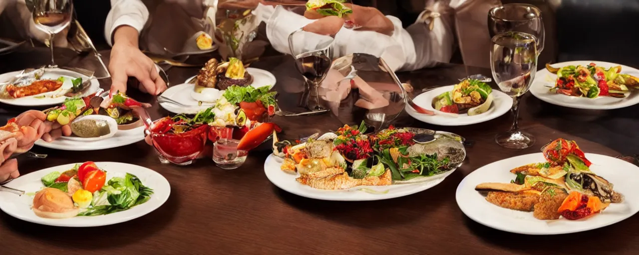 Prompt: Full-Course Serving Plate Dinner in five-star restaurant. Promotional Advertisement Photo.