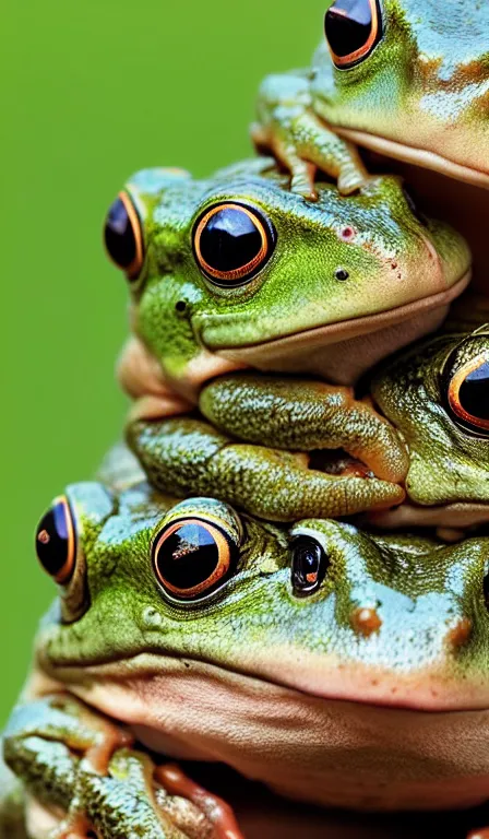 Image similar to a tower of frogs stacked on top of each other, HD nature photography, cute frog faces