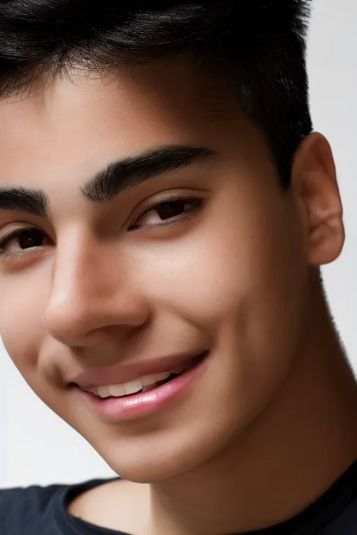 Image similar to close up headshot of an androgynous Hispanic teen with medium length slightly wavy black hair a wide smile brown eyes a small nose tidy plucked eyebrows dark brown eyes and a diamond shaped face, high resolution film still, 8k, HDR color, gazing dark brown eyes, high cheek bones, trimmed eyebrows