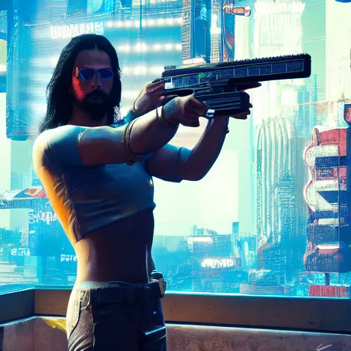 Image similar to Jesus in Cyberpunk 2077 with a pistol, concept art, unreal engine, 4k render, global illumination, blender, cycles, featured on artstation, pixiv