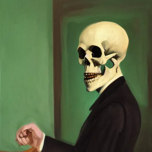 Image similar to a portrait painting of a man with a skull as his head, man is wearing a suit, the skull is green, in the style of edward hopper, 4 k,