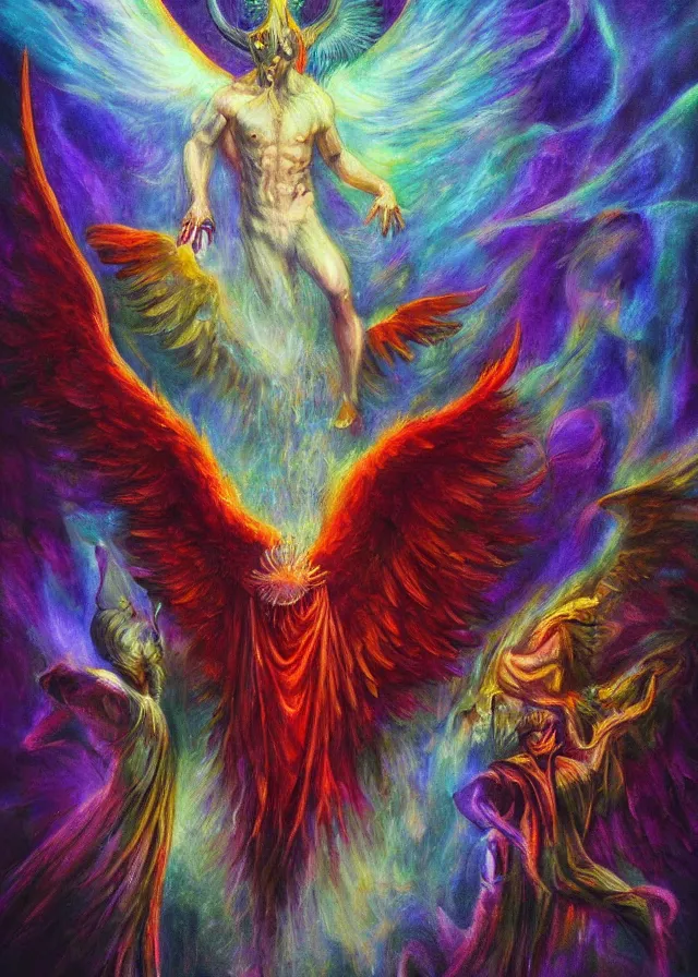 Prompt: Lucifer of the lunar mythos mercurial (surreal) fallen angel mist fear not, award winning oil painting, chromatic aberration polychromatic color palette radiant colors