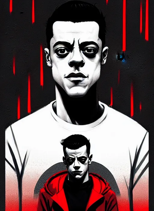 Image similar to highly detailed moody portrait of rami malek, elliot anderson, black hoody by atey ghailan, by greg rutkowski, by greg tocchini, by james gilleard, by joe fenton, by kaethe butcher, gradient red, black and white color scheme, grunge aesthetic!!! ( ( graffiti tag wall background ) )