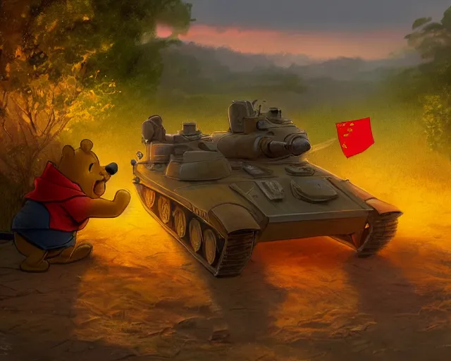 Image similar to defiant winnie the pooh sitting down on road blocking chinese tanks, soldiers approaching, award winning photography, extremely detailed, artstation, 8 k, dramatic lighting, incredible art, wlop, artgerm