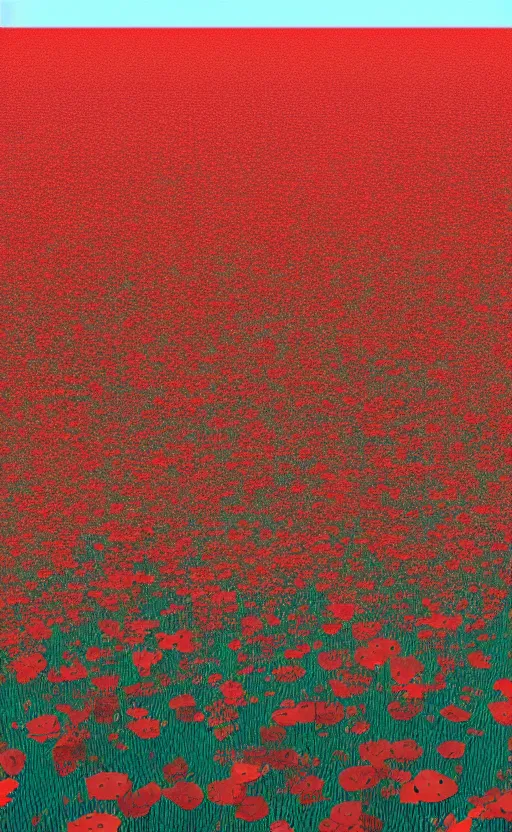 Prompt: surreal 3 d render field of poppies by atey ghailan and escher and edward hopper, houdini algorithmic generative art, vaporwave style