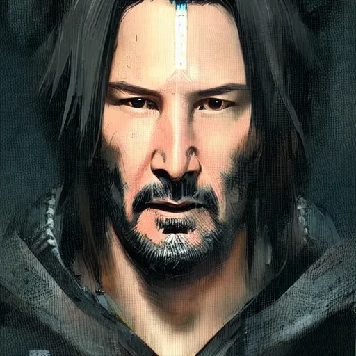 Prompt: Keanu Reeves as a cyberpunk samurai, intricate, highly detailed, digital painting, artstation, concept art, sharp focus, illustration, art by greg rutkowski and alphonse mucha