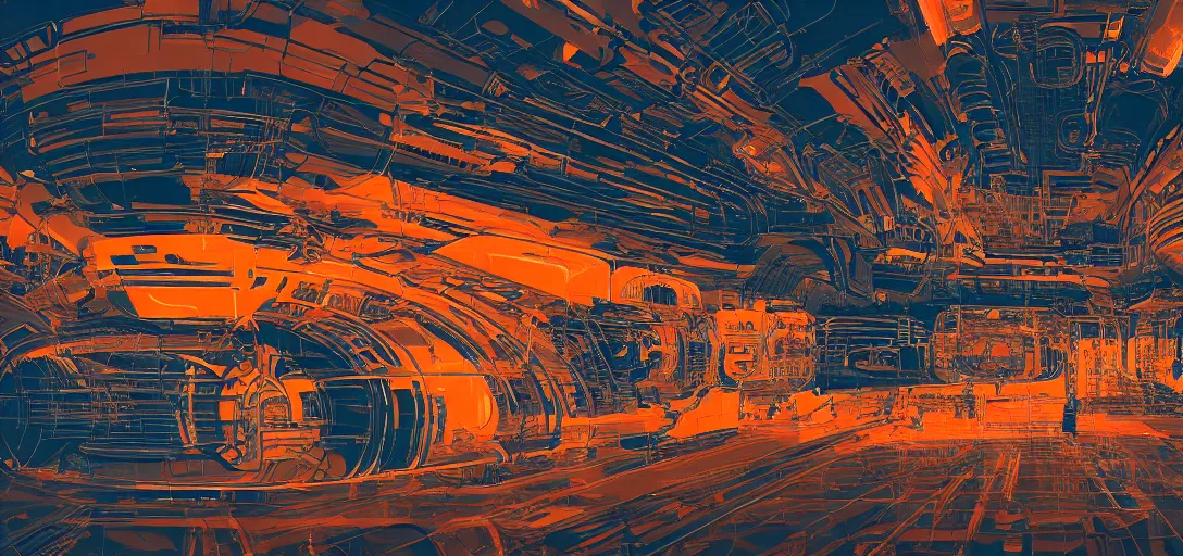 Image similar to epic sci - fi mothership interior and exteror - machinery, tubes wires path intricate high detail matte painting masterpiece orange blue warm tones quiet