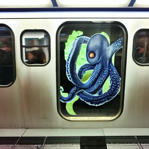 Image similar to of a giant octopus invading a interior of a subway train in new york,