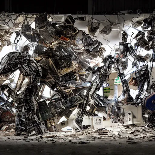 Prompt: broken dirty cybersuits, from behind, wide wide angle, vivid, elaborate, highly detailed, beautiful lighting