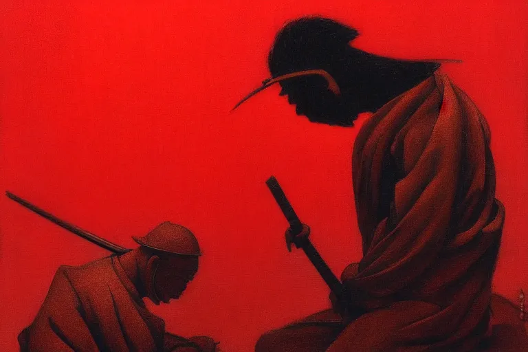 Image similar to only with red, a red samurai do seppuku, tokio, a lot of frogs watch, in the style of beksinski, parts by edward hopper, parts by rodcenko, parts by yue minjun, intricate and epic composition, red by caravaggio, insanely quality, highly detailed, masterpiece, red light, artstation, 4 k