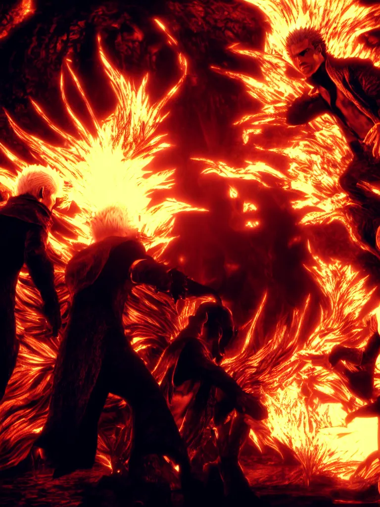 Prompt: hyperrealistic dante and vergil in hell, golden light