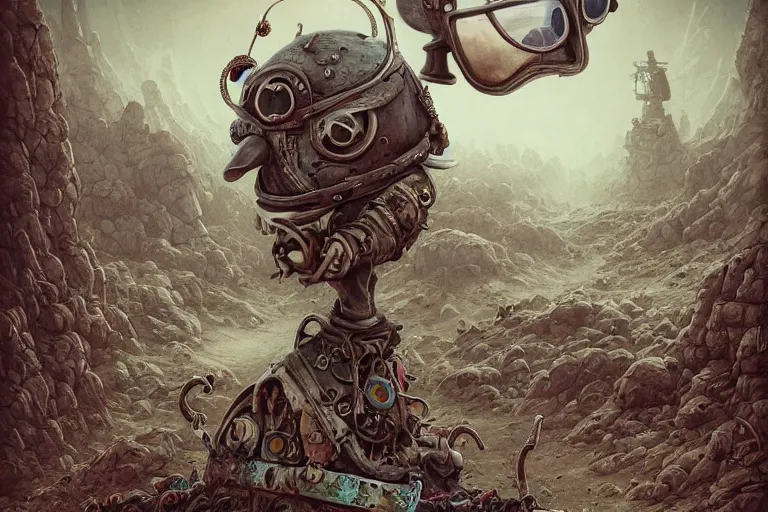 Image similar to a highly detailed forgotten garden gnome wearing goggles and head scarf surviving in a vast barren desert, hopeless wasteland background with a relentless raging sun overhead, post - apocalyptic road warrior vibe, full body, wide angle, an ultrafine detailed painting by joe fenton, trending on deviantart, pop surrealism, whimsical, lowbrow, perfect symmetrical face, sharp focus, octane, masterpiece