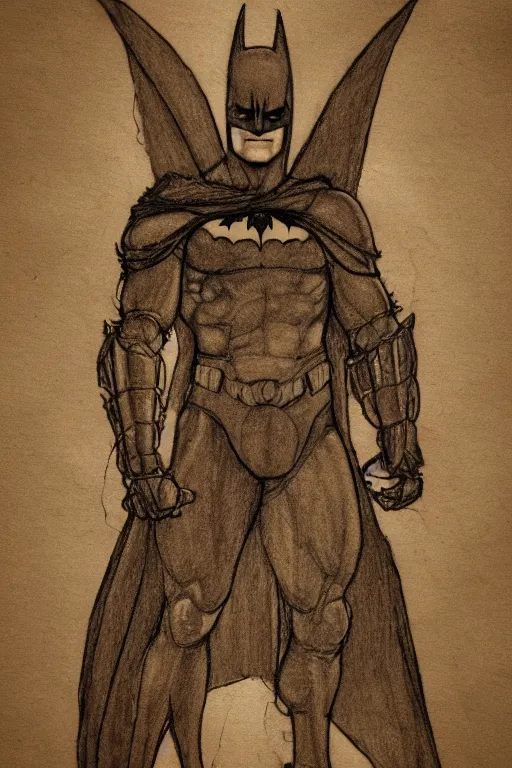 Image similar to vitruvian batman by leonardo da vinci, pencil sketch, sepia background, detailed, proportional, trending on art station, 4k
