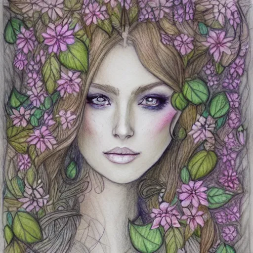 Prompt: a drawing of a beautiful woman dressed in flowers and leaves standing in an enchanted forest, high fantasy, elegant, epic, detailed, intricate, pencil and watercolor, concept art, realistic detailed face, smooth, focus, rim light,