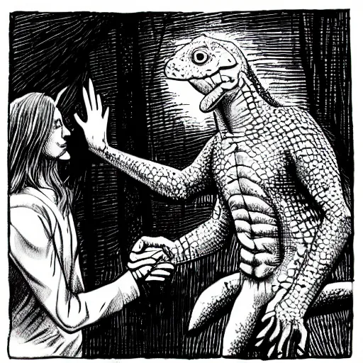 Image similar to A lizard person shaking hands with a religious icon, horror, black metal