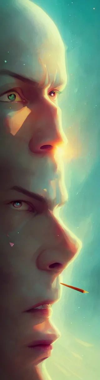 Prompt: a post - minimalism portrait of a magical triangle glass egghead, extremely long forehead being sucked into single point in infinity, vibrant color scheme, highly detailed, in the style of romanticism, cinematic, artstation, moebius, greg rutkowski