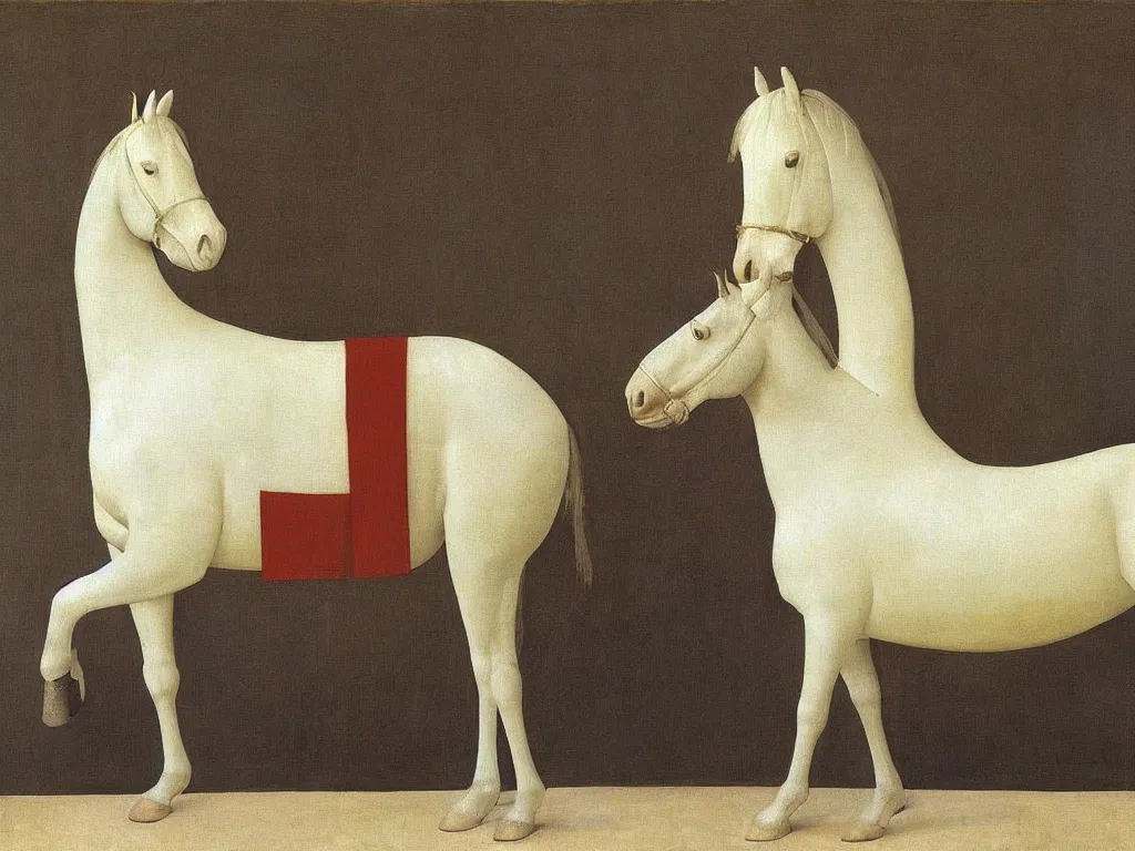 Prompt: Horse dressed in white cloth. Water vase. Painting by Alex Colville, Piero della Francesca, Zurbaran