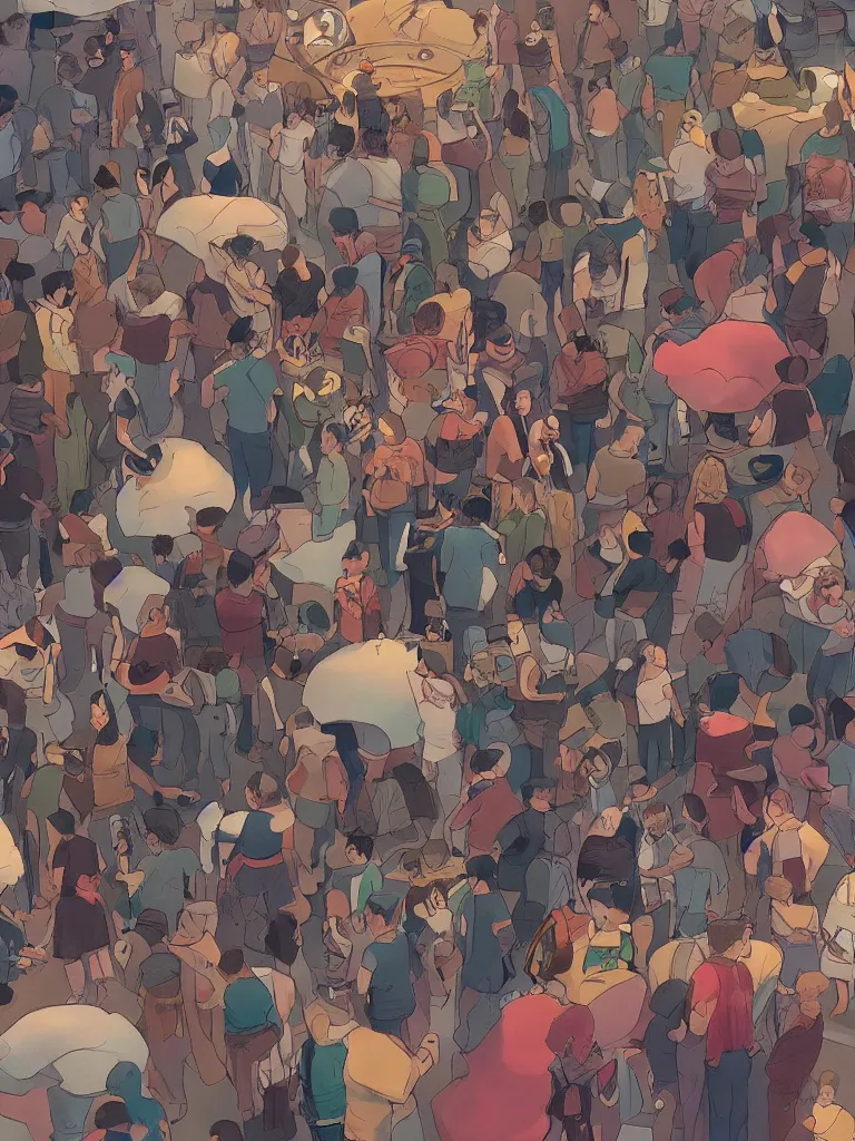 Prompt: packed crowd from overhead by disney concept artists, blunt borders, rule of thirds