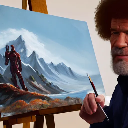 Prompt: a closeup photorealistic photograph of bob ross working on a canvas painting featuring iron man. film still. this 4 k hd image is trending on artstation, featured on behance, well - rendered, extra crisp, features intricate detail, epic composition and the style of unreal engine.