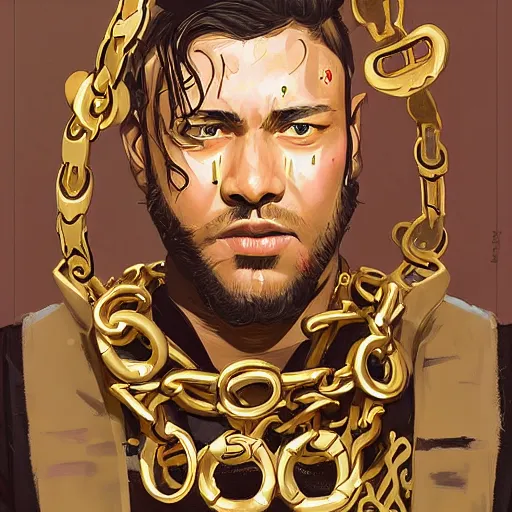 Image similar to a painting of hordor dripped out, gold rings, gold chain, stylish, gold grill by sachin teng