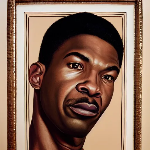 Image similar to a painting of a elegant, well fed, smooth-chinned, long nose, African, elder with few eyebrows by Kehinde Wiley . thinker without facial hair, thoughtful, focused, visionary, calm, jovial, loving, fatherly, generous, . dramatic angle, ethereal lights, details, smooth, sharp focus, illustration, realistic, cinematic, artstation, award winning, rgb , unreal engine, octane render, cinematic light, macro, depth of field, blur, red light and clouds from the back, highly detailed epic cinematic concept art CG render made in Maya, Blender and Photoshop, octane render, excellent composition, dynamic dramatic cinematic lighting, aesthetic, very inspirational, arthouse.