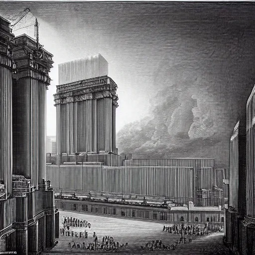 Prompt: A detailed engraving of a battersea power station in the style of gustave dore, escher and piranesi