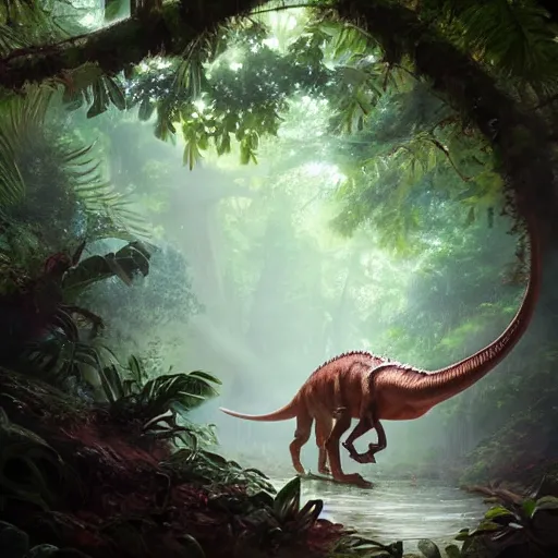 Image similar to a dinosaur in the jungle, huggy wuggy from poppy playtime video game, fullbody, ultra high detailed, oil painting, greg rutkowski, charlie bowater, yuumei, yanjun cheng, unreal 5, daz, hyperrealistic, octane render, rpg portrait, dynamic lighting, fantasy art, beautiful face