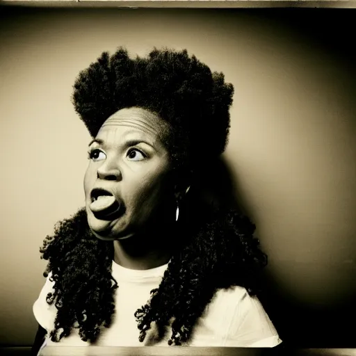 Image similar to candid photo, of a surprised black woman, very surprised, kodak tri-x style, portrait, moody lighting
