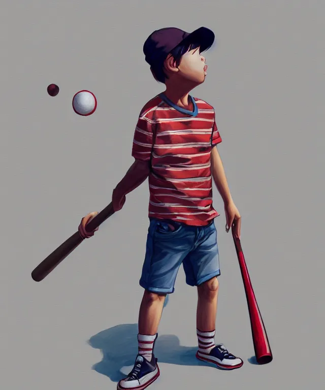 Image similar to a young boy wearing a horizontal striped shirt and a red baseball cap and jean shorts, holding a baseball bat, centered composition, digital painting, artstation, concept art, sharp focus, octane render, illustration, art by james jean,