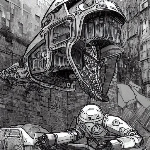 Image similar to hyper-detailed comic illustration of a robot mecha dinosaur eating a police officer