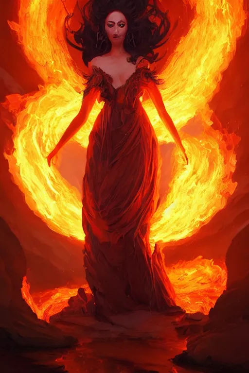 Prompt: beautiful powerful eldritch fire goddess clothed in a flaming gown, volcanic embers, magma, detailed matte fantasy portrait, dynamic lighting, bokeh backdrop, by greg rutkowski, by peter mohrbacher, by brom