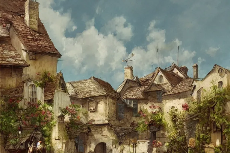 Prompt: adventurer _ _ _ _ _ _ 1 9 5 0 s _ retro _ old village in summer landscape _ muted _ colors. _ _ _ _ _ _ by _ jean _ baptiste _ monge