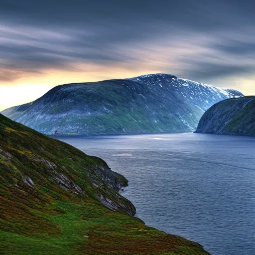 Prompt: Landscape of an Norwegian Fjord, Realistic, HDR, HDD, Dynamic Lighting