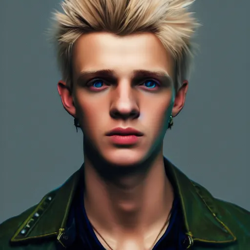 Image similar to A videogame portrait of a blond young Irish man. Rock star. Dressed in 1980s style. Highly detailed, fine Art, high detail, great lighting, 8k resolution, masterpiece, concept art, illustration, clear eyes, painting oil on canvas, octane render, HDR, trending on artstation, 4k, 8k, HD