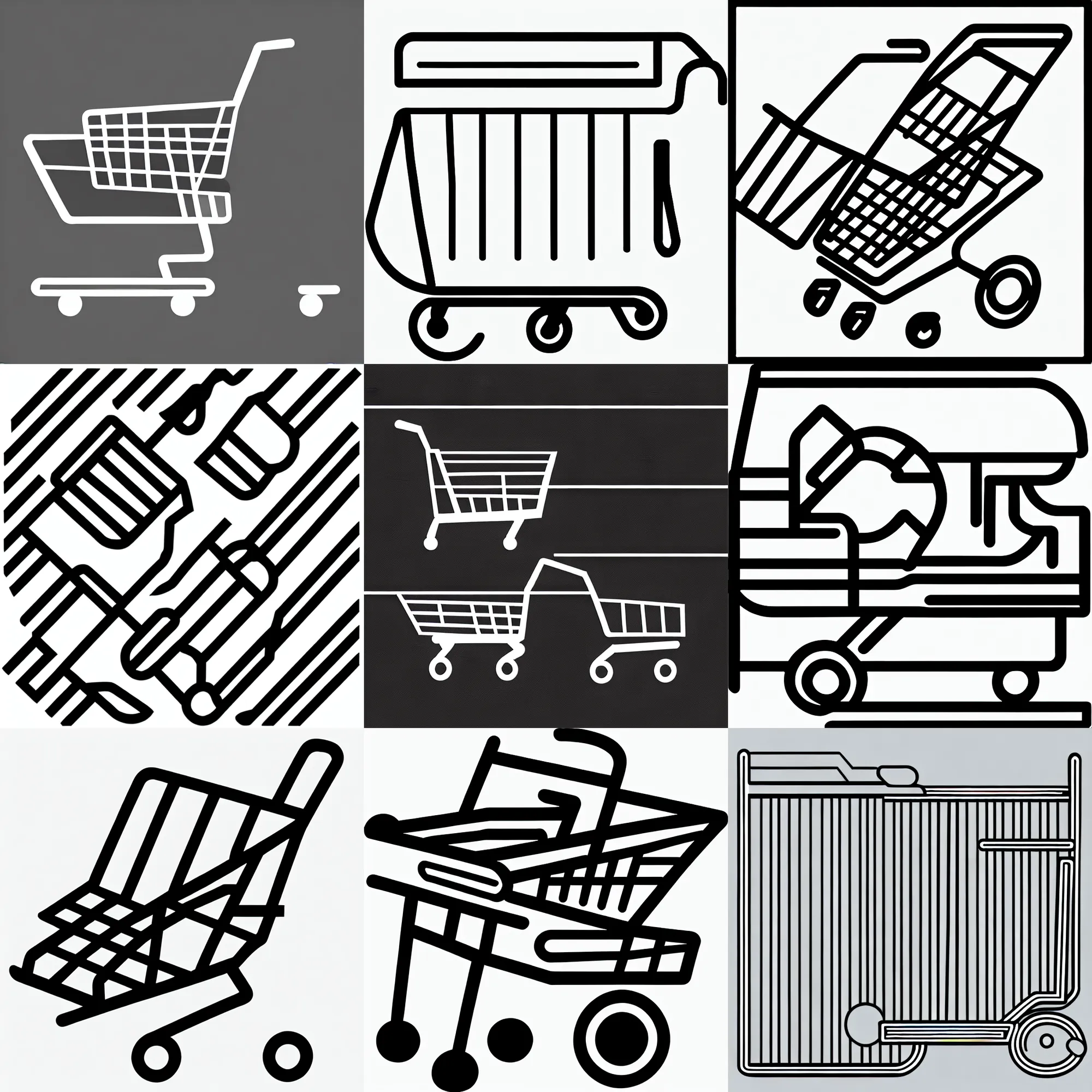 Prompt: shopping cart icon, graphic design, website icons, minimal, black and white line art