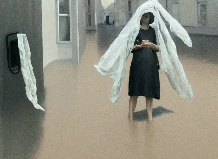 Prompt: woman in vr headset dressed in plastic bags in paper bag over the head on flooded street Edward Hopper and James Gilleard, Zdzislaw Beksinski, highly detailed