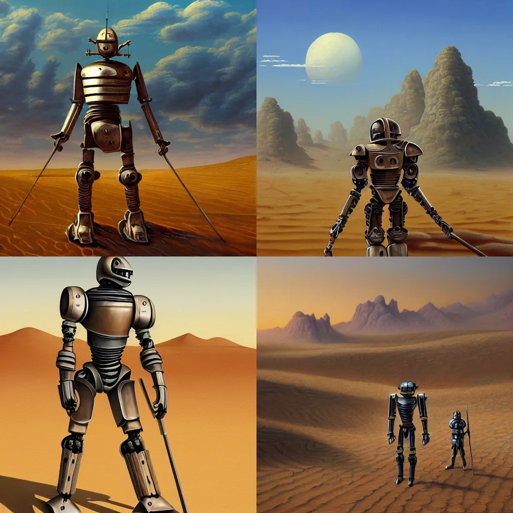 Prompt: a beautifully and highly detailed painting of a Robotic knight walking through the desert weilding a Staff, by Iwan Baan, Studio Ghibli, David Friedrich and Martin Johnson Heade, higly intricate, sophisticated and complex digital painting, hyperrealism, Cinema 4D, 8k resolution, 64 megapixels, CGSociety, behance HD,