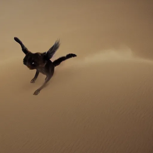 Prompt: bingus flying through the sandstorm in 4 k definition