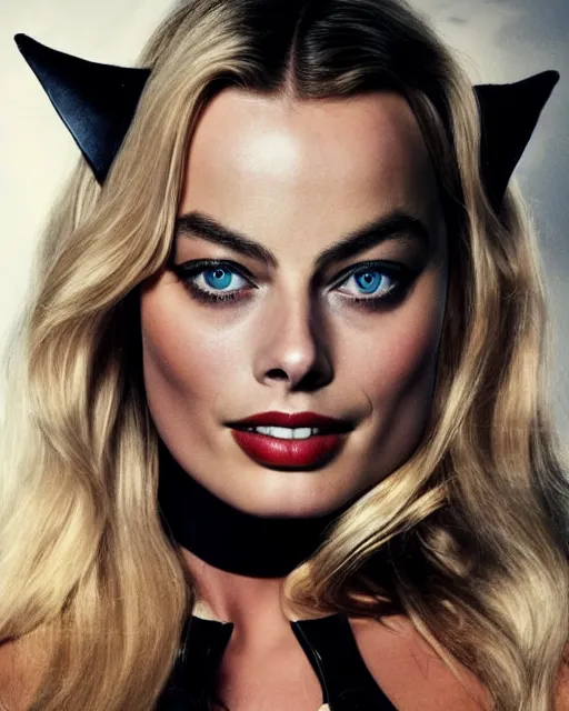 Image similar to portrait of margot robbie with a cat woman costume, full body shot, highly detailed, beautiful eyes, beautiful face, detailed face, cinematic, professional photograph