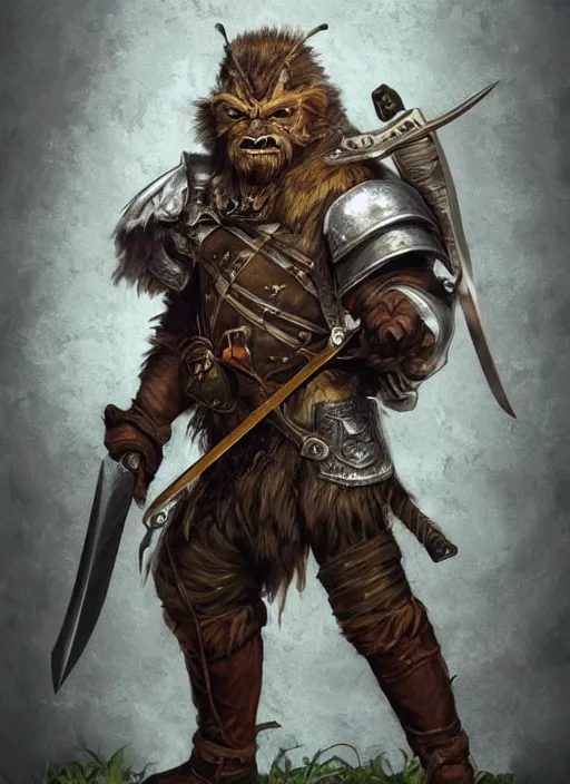 Image similar to strong young man, photorealistic bugbear ranger holding sword, fire magic, black beard, dungeons and dragons, pathfinder, roleplaying game art, hunters gear, jeweled ornate leather and steel armour, concept art, character design on white background, by norman rockwell, makoto shinkai, kim jung giu, artstation trending, poster art, colours red and green