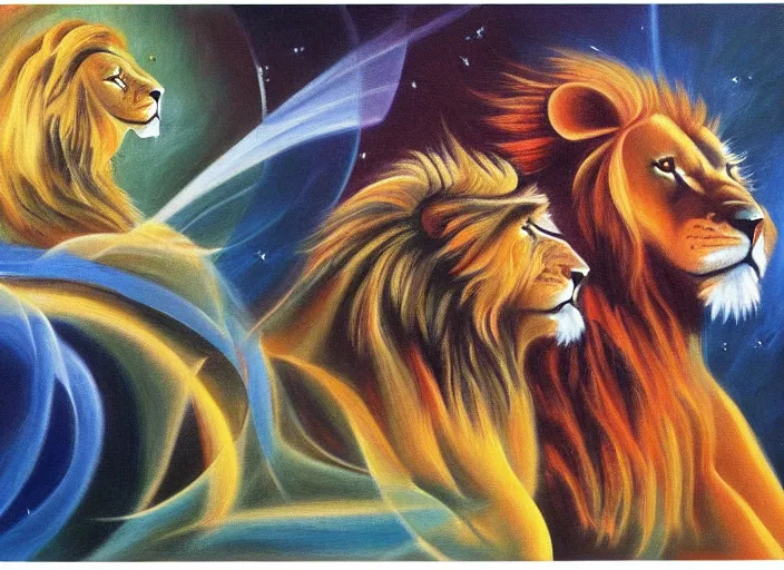 Image similar to An oil on canvas painting of two lions, void vortex, cosmic, by Wojciech Siudmak and Giacomo Balla, aesthetically pleasing composition, masterpiece, ultra realistic, super realistic, 4k, 8k