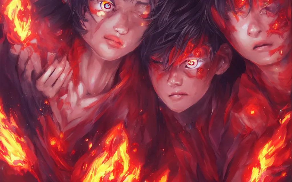 Image similar to A realistic anime portrait of a beautiful fire spirit twins with glowing red eyes and firey skin wearing clothes made of flames, digital painting, by Stanley Artgerm Lau, Sakimichan, WLOP and Rossdraws, digtial painting, trending on ArtStation, SFW version