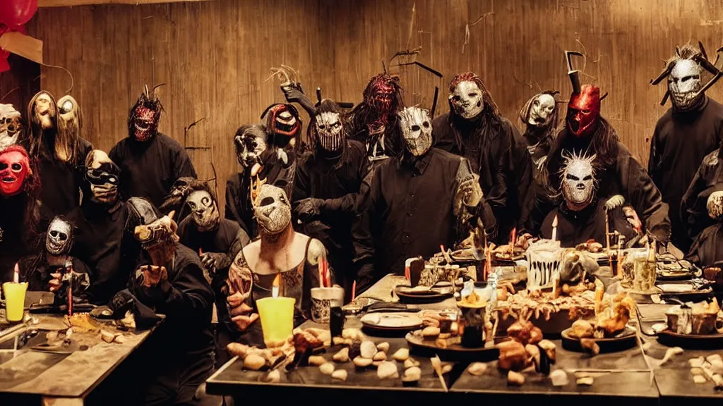 Prompt: slipknot having a birthday party, film still from the movie directed by Denis Villeneuve with art direction by Salvador Dalí, wide lens