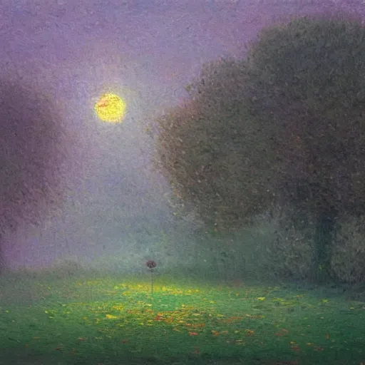 Prompt: mystical kew gardens, mist, full moon, by paul lehr, monet