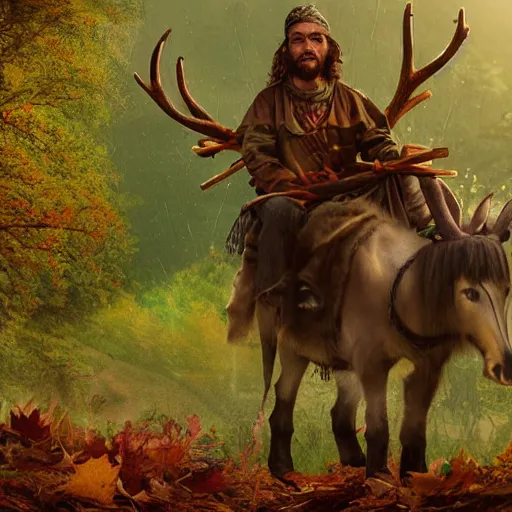 Image similar to hippie tribal hobo wearing twigs and leaves smiling sheepishly, riding tiny scuffy donkey with novelty oversized antlers, autumn forest, highly detailed, dramatic lighting, night time, cinematic, hyperrealistic, detailed, movie still from game of thrones