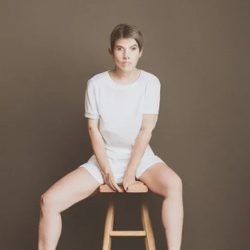 Image similar to a woman sitting on top of a wooden stool, a polaroid photo by louisa puller, trending on pinterest, minimalism, white background, studio portrait, minimalist