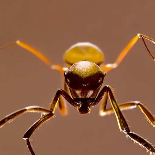Image similar to the nocturnal yellow ant of bolognasia ( its large eyes help it navigate in the dark ), macro photograph of eyes and head, horizontal symmetry, realistic highly detailed, unreal engine
